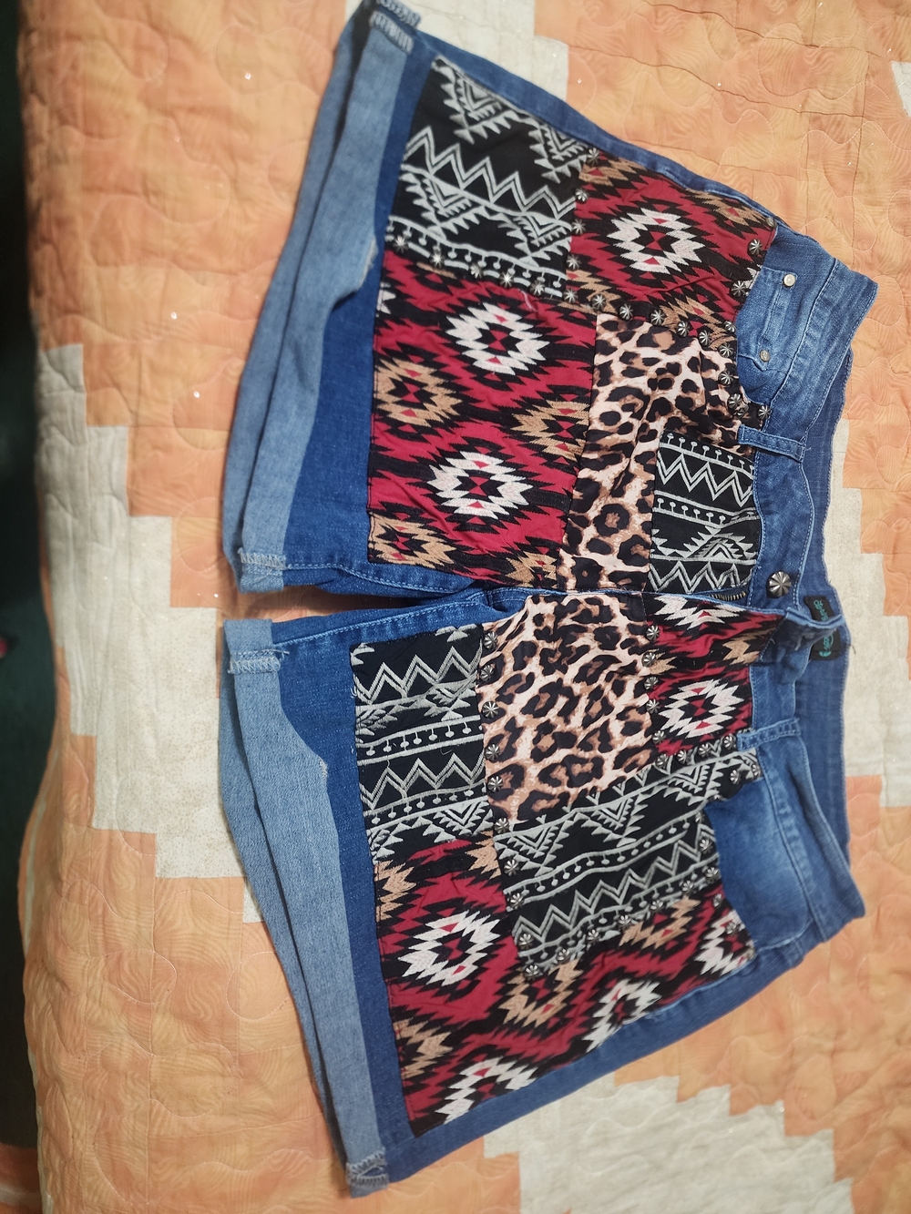 Patchwork Aztec & Leopard Jean Shorts in Red and Black